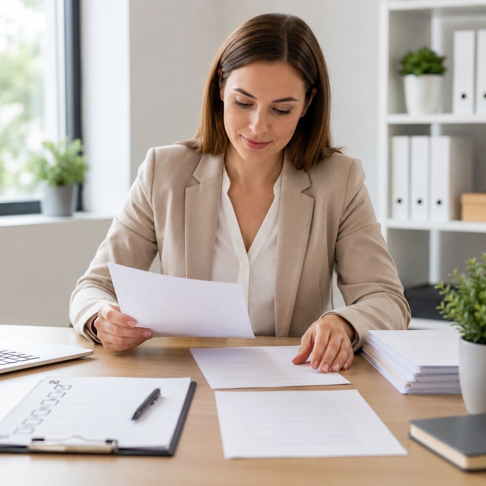 Person checking non-descript documents at a desk before apostille submission